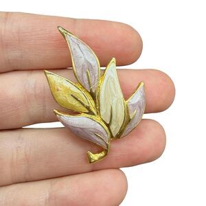 Vintage Pink and Cream Enamel Leaf Brooch Leaf Pin Leaves Spring Brooch